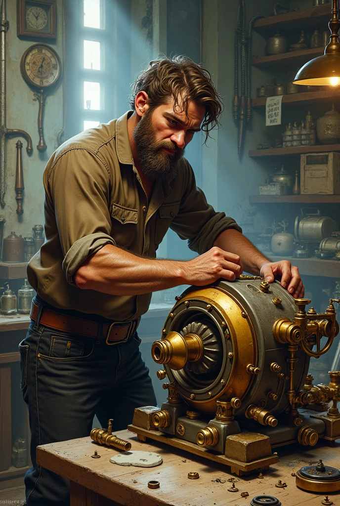 human man in a brown shirt and black pants working on a mechanical water cannon, style of jean baptiste monge, jean baptiste monge, elfpunk, inspired by Jean-Baptiste Monge, full color illustration, human artificer, steampunk concept art, by Todd Lockwood, steampunk art, cyberpunk mouse folk engineer