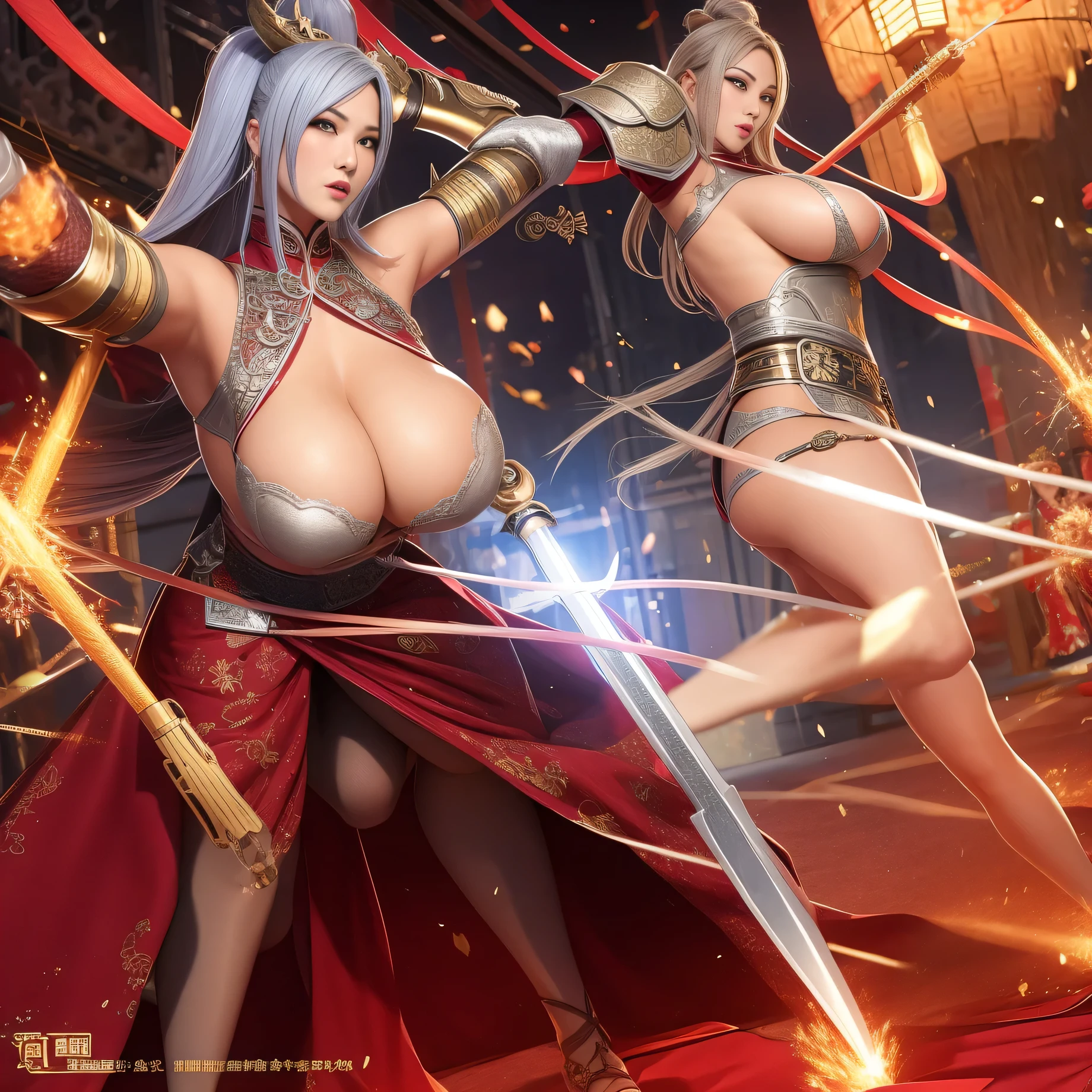 A beautiful ancient Chinese warrior in silver armor holding a long sword,Swinging the sword and exposing cleavage 8K, stepping out with big breasts and legs and taking a fighting stance 8K