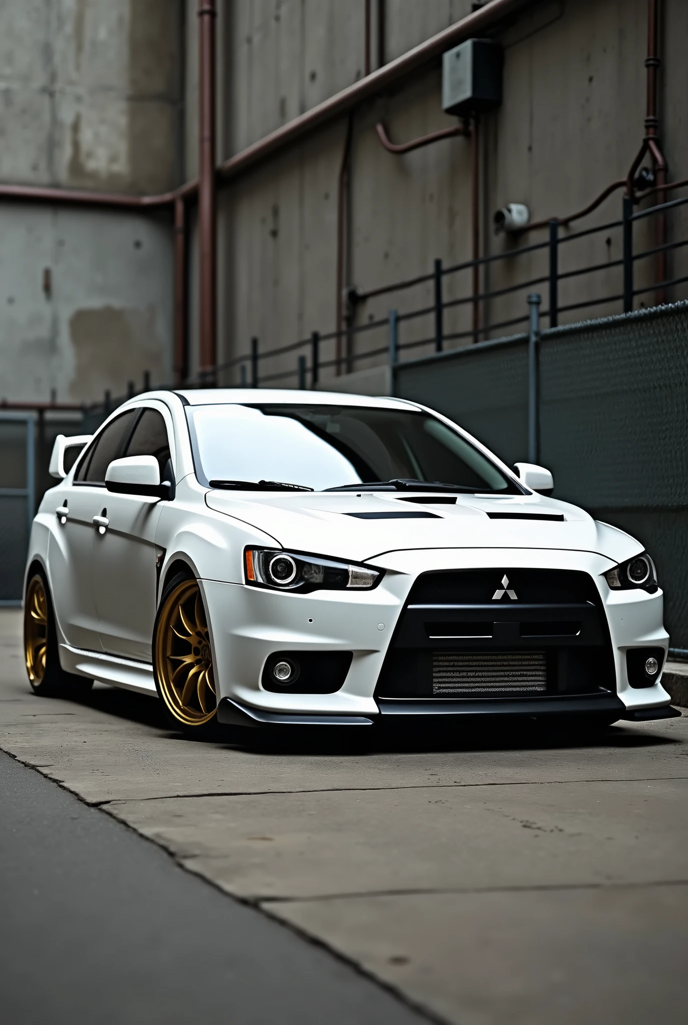 Image features a white Mitsubishi Lancer Evolution parked in an industrial setting. The car has a sleek, aerodynamic design with a prominent black front grille and a hood vent. The vehicle is equipped with gold-colored alloy wheels and low-profile tires, body low with coilover suspension touching the ground, giving it a sporty appearance. The background includes a concrete wall with a chain-link fence on top, and various industrial elements such as pipes and electrical boxes. The lighting is natural, casting shadows that highlight the car's contours and glossy finish.