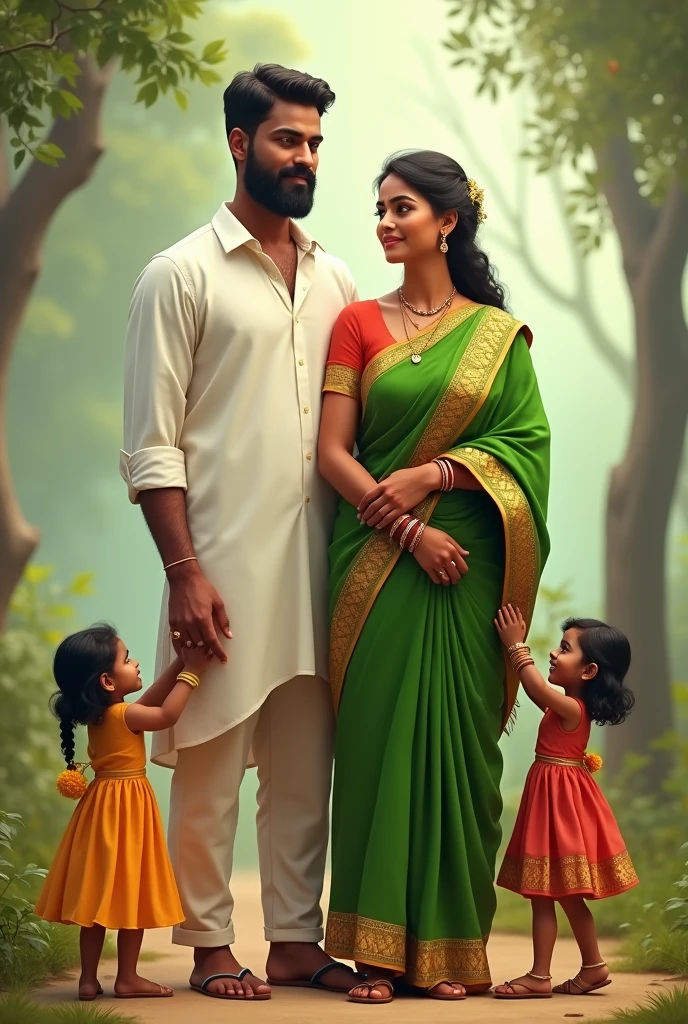 Tamil lean girl height 168 cm traditional green saree with mini kids and her husband height 170 cm white shirt
