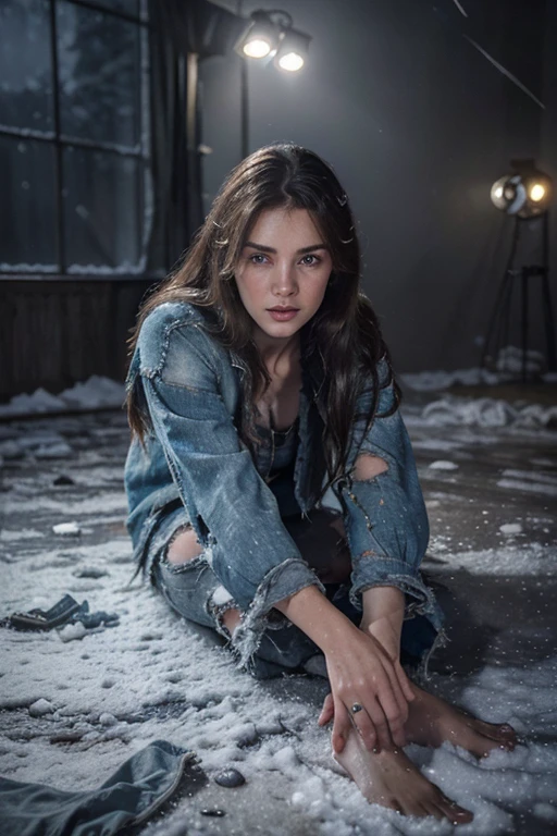 (1 woman, legs spread, front body on the floor), (long messy hair : 1.3), blue eyes, detailed eyes, detailed lips, (lying in torn clothes, full body : 1.5), (stunning location at night with fog and mist, snow : 1.3), night photo, (photo from different angles : 1.5), ray tracing, (best quality, 4k, 8k, high resolution, masterpiece : 1.2), ultra detailed, (realistic, photorealistic, photorealistic : 1.37), HDR, UHD, Masterpiece, Professional, Vivid colors, Bokeh, Studio lighting