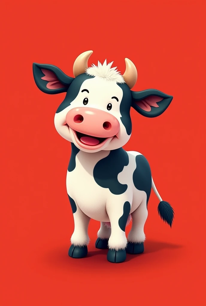 black and white cow, glad, small, realistic illustration on red background