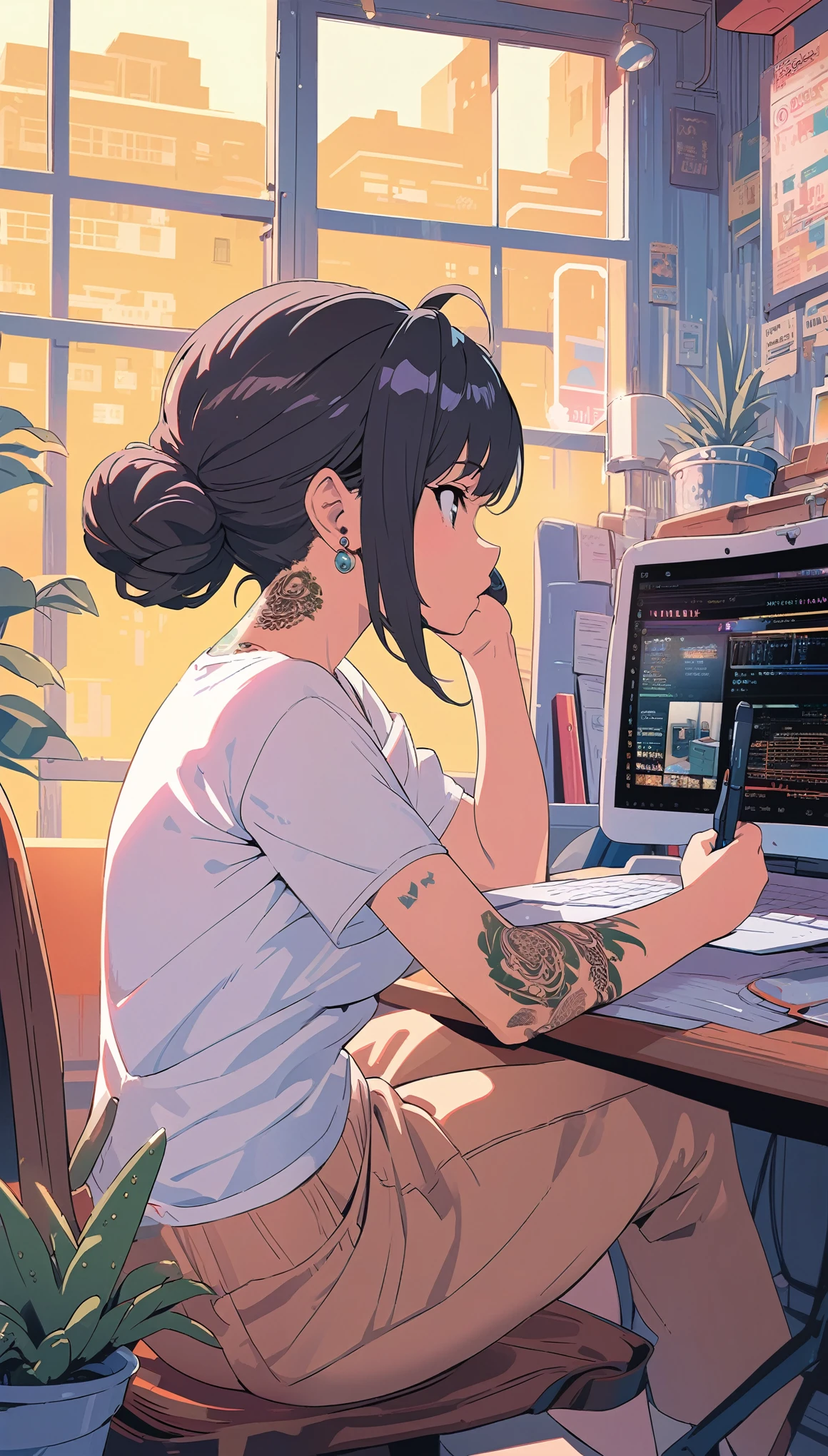 (extremely detailed CG unity 8k wallpaper), (best quality), (best illustration), (best shadow), realistic lighting, beautiful detailed reglow, masterpiece, best quality, lofi artstyle, lofi art, city, town, 80s anime style, Retro, Lo-Fi, 1girl, arm tattoo, black hair, brown hair, cactus, coffee mug, computer, cup, tablet, from side, hair bun, indoors, jewelry, laptop, mug, piercing, plant, potted plant, shirt, short sleeves, single hair bun, sitting, solo, stylus, sunlight, t-shirt, table, tattoo, white shirt, window, use headphone, headphone