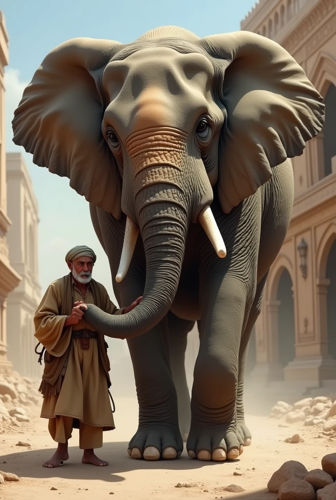 Elephant holding a man in a helping way with burdon of elephant on an Pakistani middle age man