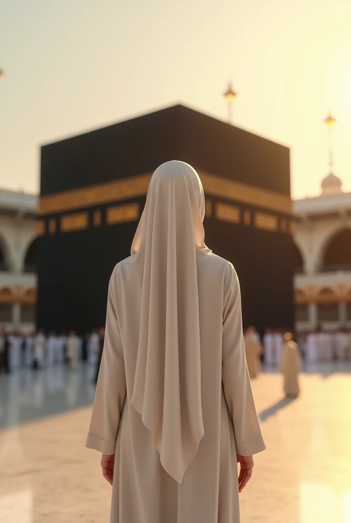 A hijabi girl with a white abaya and long hijab staring at the kabaa facing backwards with the sun shining on her 