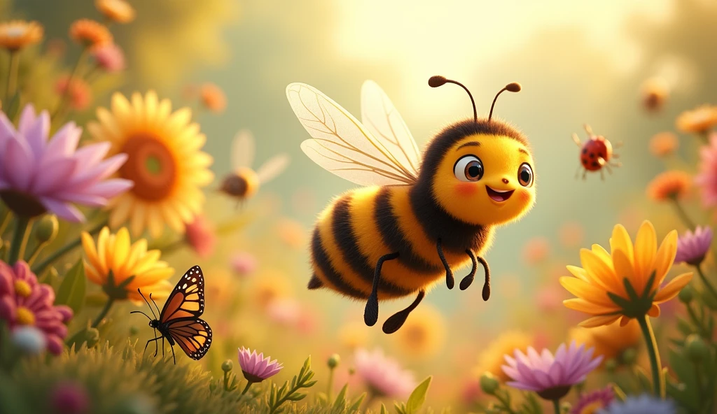 Create an image of a friendly and cheerful little bee buzzing through a colorful garden. The bee should have a warm, welcoming expression, symbolizing its readiness to help anyone in need. Surround the bee with vibrant flowers, where other garden creatures like butterflies, ladybugs, or small animals are nearby, showing how the bee interacts kindly with others. The background should be bright and sunny, with a soft, gentle light that enhances the bee's helpful and caring nature. The overall scene should feel inviting and heartwarming, capturing the bee's willingness to lend a hand to anyone in need.