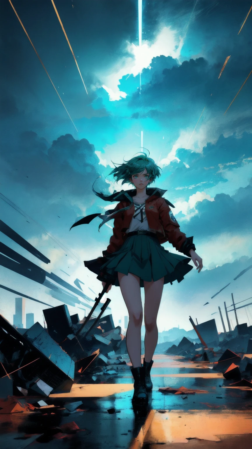 A beautiful, determined anime girl with short green hair leaps dynamically through a storm-torn blue landscape. She's wearing a tattered red outfit and clutching a golden coin. Large, golden text reading 'No-Coin No-Gain' hovers above her. The scene is drenched in rain, with shards of debris and broken cryptocurrency symbols swirling around. The art style is gritty and detailed, reminiscent of a comic book cover, with high contrast against the blue backdrop.