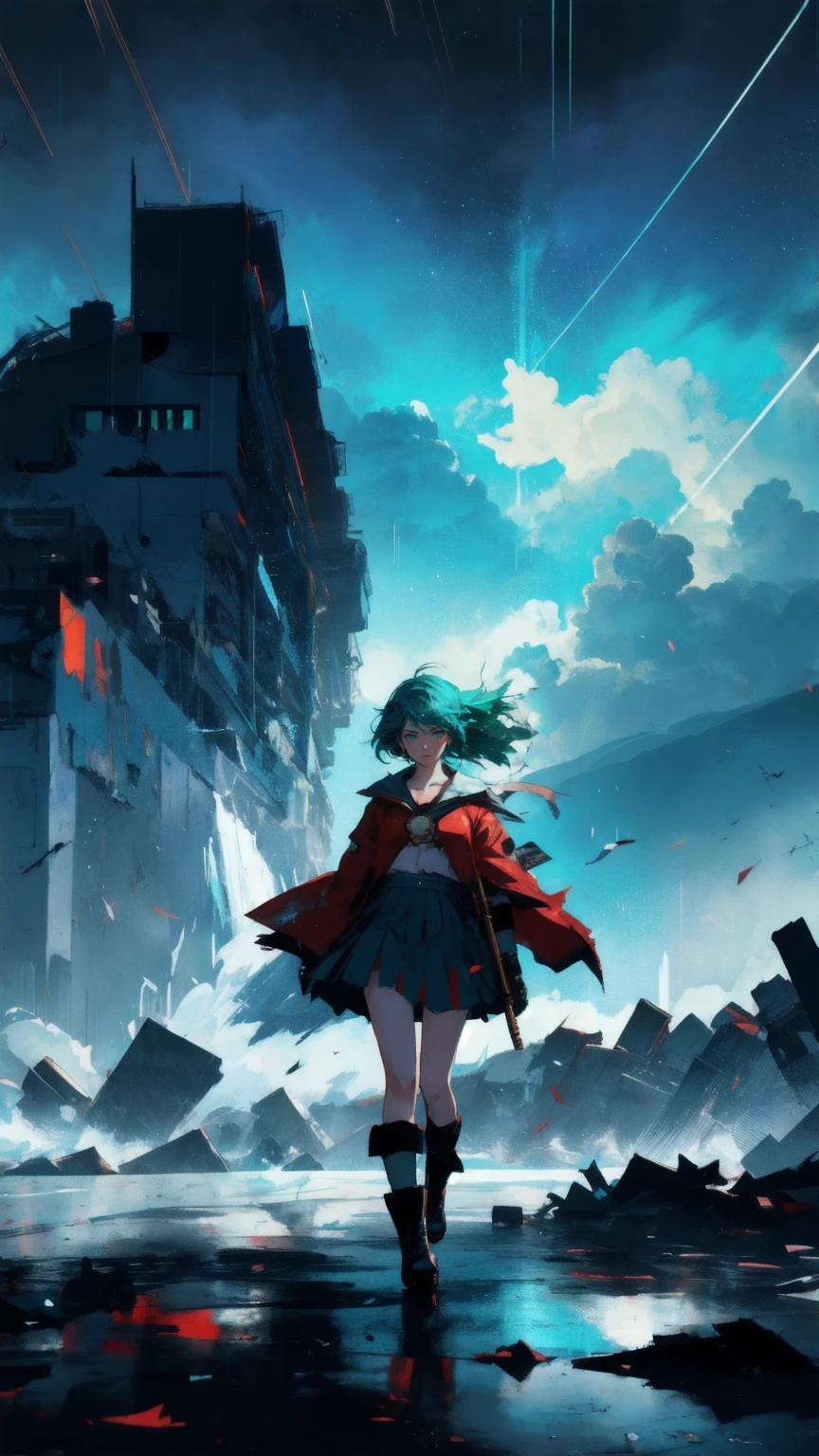 A beautiful, determined anime girl with short green hair leaps dynamically through a storm-torn blue landscape. She's wearing a tattered red outfit and clutching a golden coin. Large, golden text reading 'No-Coin No-Gain' hovers above her. The scene is drenched in rain, with shards of debris and broken cryptocurrency symbols swirling around. The art style is gritty and detailed, reminiscent of a comic book cover, with high contrast against the blue backdrop.