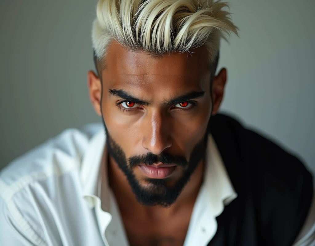 headshot of a very tall Arab-Egyptian featured male model, very short wavy platinum blond swept back hair, long black stubble, lithe body, brown skin, vibrant red eyes, tall toned body. Professional expression. Wearing white and black clothes.