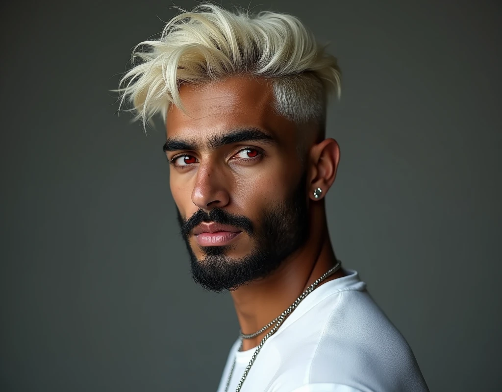 headshot of a very tall Arab-Egyptian featured male model, very short wavy platinum blond swept back hair, long black stubble, lithe body, brown skin, vibrant red eyes, tall toned body. Professional expression. Wearing white and black clothes.