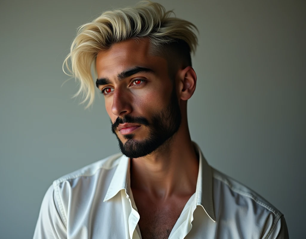 headshot of a very tall Arab-Egyptian featured male model, very short wavy platinum blond swept back hair, long black stubble, lithe body, brown skin, vibrant red eyes, tall toned body. Professional expression. Wearing white and black clothes.