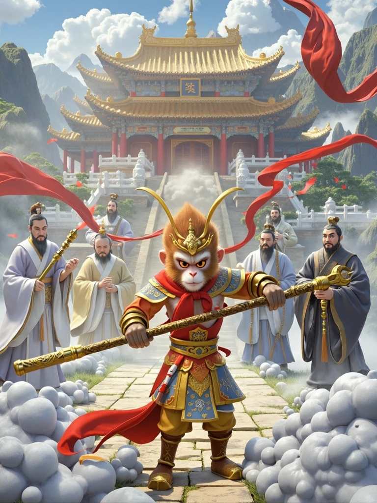 3D illustration of China's cute 5-year-old monkey king Sun Wukong is causing havoc in the Heavenly Palace. Sun Wukong holds a golden stick and challenges the gods in front of the Nantian Gate. The Heavenly Palace building is magnificent, the gods have frightened and angry expressions, the scene is full of tension and dynamics, and the extra-long flowing red scarf , ancient Chinese palace in the clouds, shrouded in mist, 3D art, CGI rendering technology, very rich details, 3D illustration, very Pixar style, Pixar style