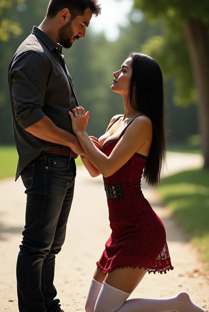 POV of a standing man, ultra realistic, photography, long black straight hair, (30 years old, hourglass figure, perfect fit body, natural big breasts), seductive look, wearing a tight Dirndl dress with a nice cleavage, she is wearing white thigh high stockings, wearing a tight Dirndl dress with a nice cleavage, she is wearing white thigh high stockings, on a sunny day, posing sexy, she is kneeling in front of a man, point of viev of a man standing before her, she is lloking up into the camera, she is touching his pants with her hands, she is very close to his pants