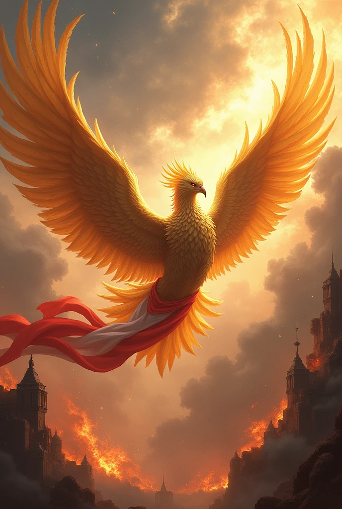 A golden Garuda bird carries a red and white cloth amidst flames and smoke.