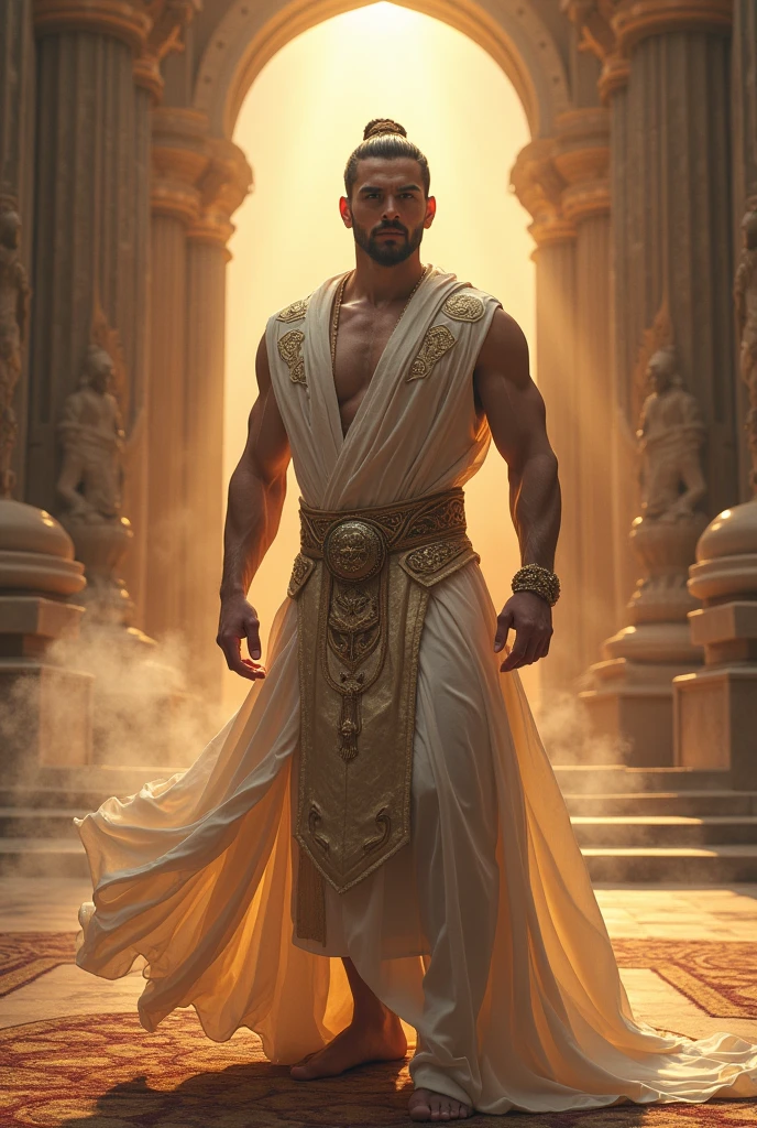 Young man, white skin, muscular, magic, ancient costume, background is ancient temple heaven.