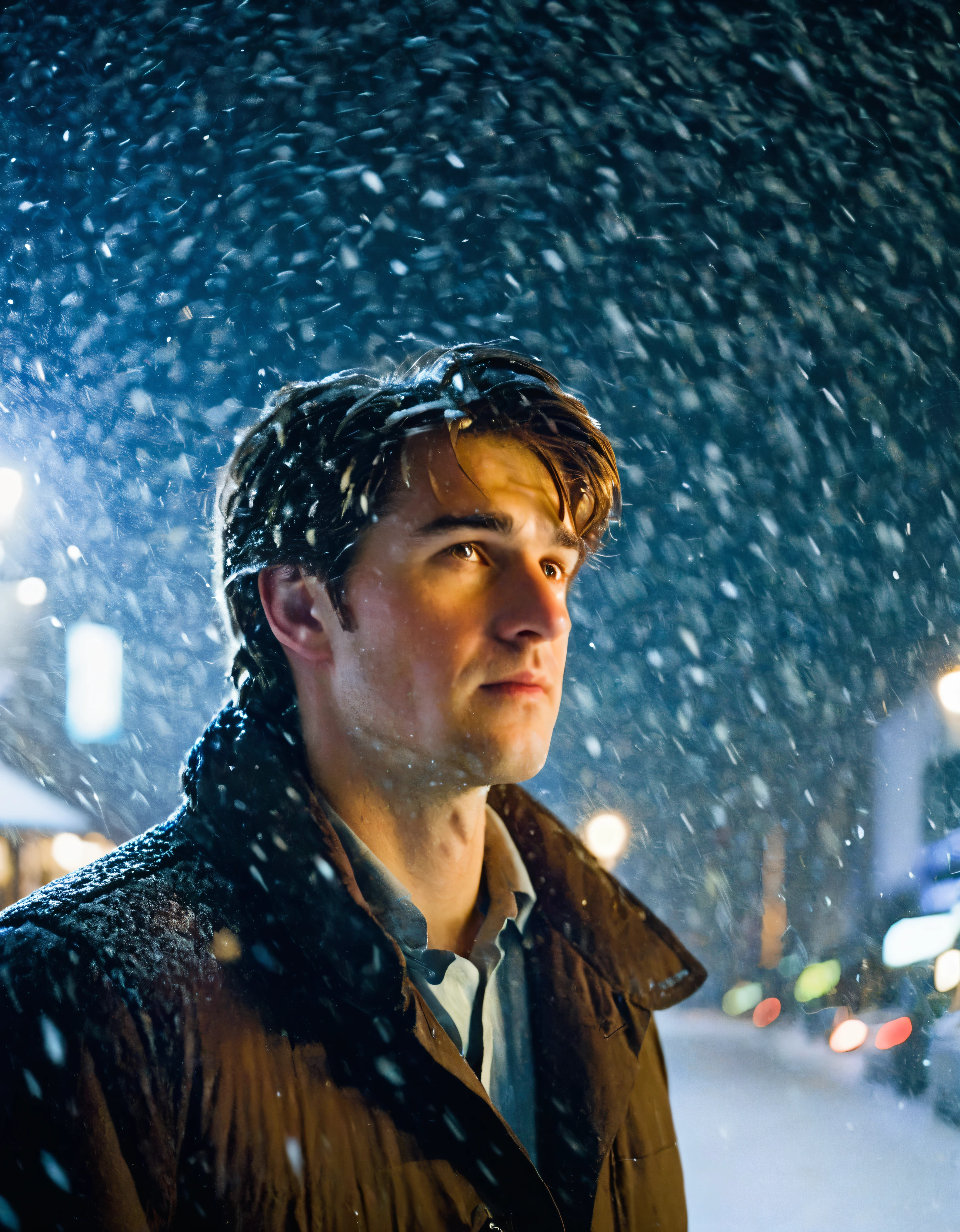 film photography style a man with brown hair during a snowstorm at night, Low Angle, Medium Shot 