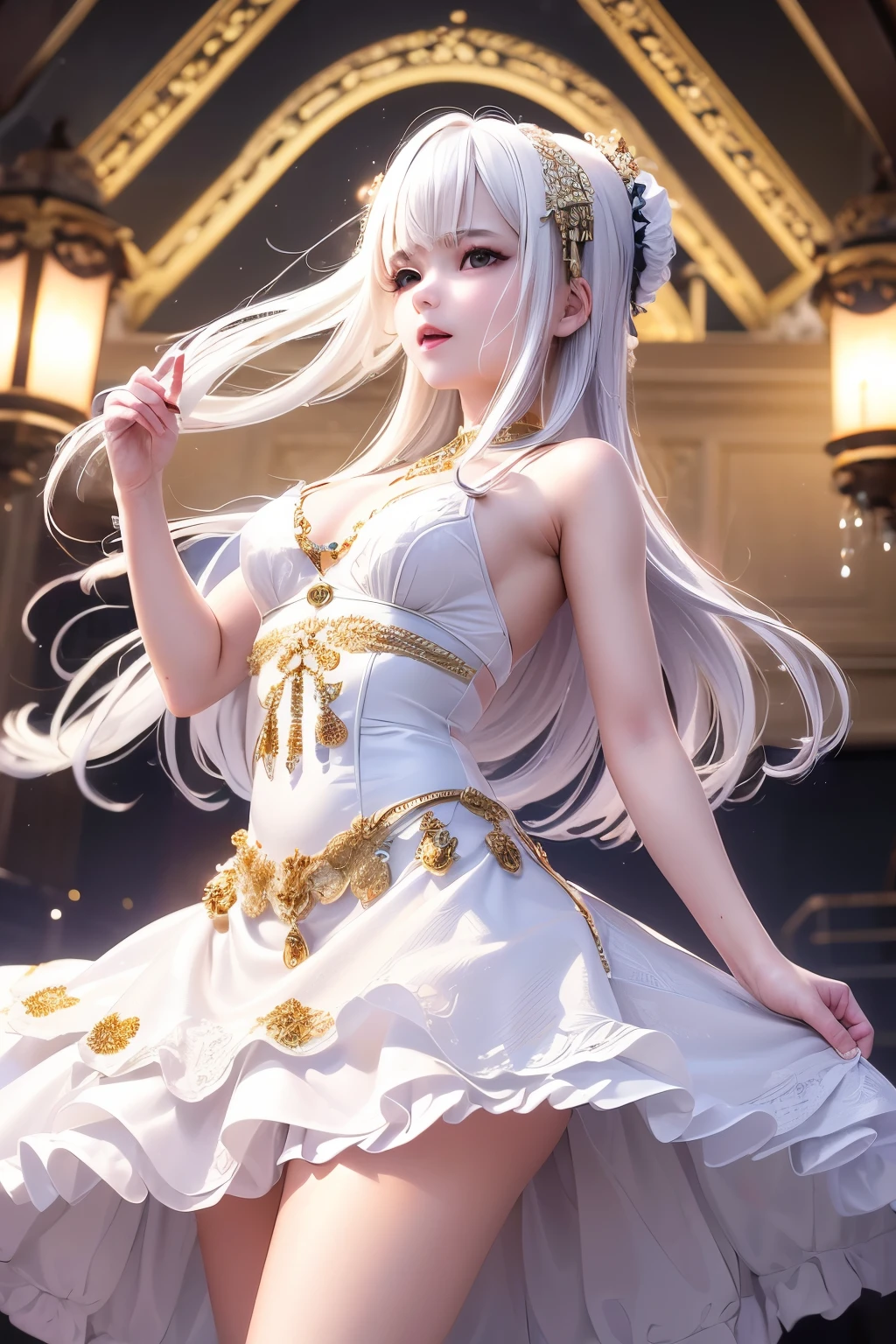 masterpiece,Highest quality,Very detailed,Beautiful girl in colorful idol costume,,White Hair,Outdoor Stage