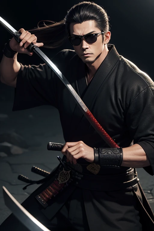 anime style,black hut,sunglass,male,sharp eyes,old,cool cool cool,samurai,holding katana,masterpiece,best quality,super detailed,super fine illustration,perfect hands,perfect fingers,