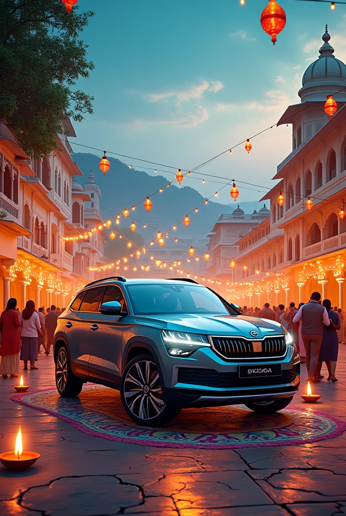 produce an AD for 2022 Skoda kushaq SUV and the Skoda slavia sedan with Krishna Janmashtami in Udaipur with no people in the photo , detail : realism
