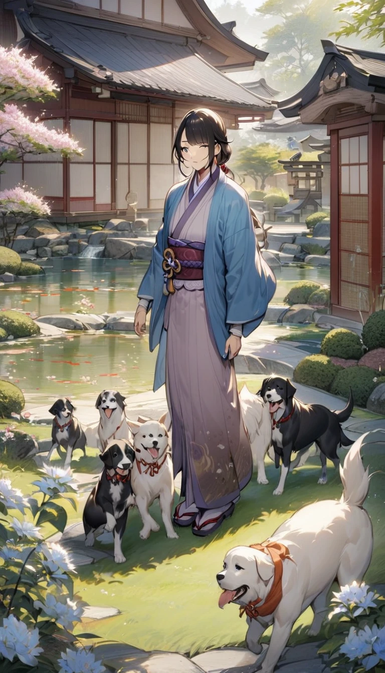 An Edo-period shogun wearing a blue haori, walking in a beautifully manicured Japanese garden, with several loyal dogs by his side. The shogun is smiling as he watches the dogs play around him, the garden filled with blooming flowers and a koi pond in the background."