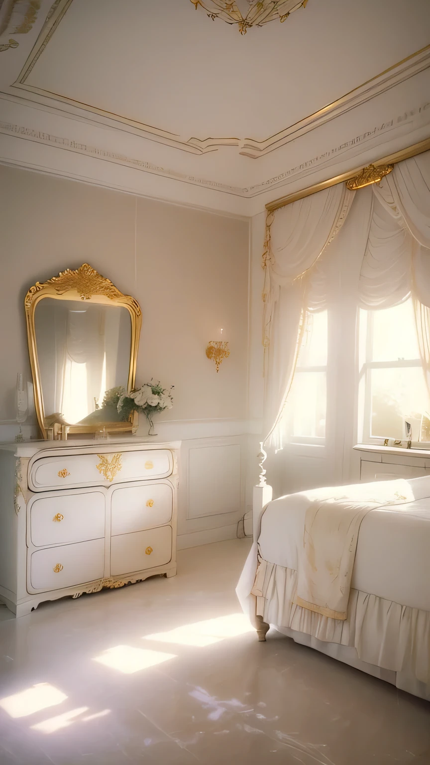 a white dreamy house, bedroom, retro, foggy, soft focus, year of 1995, cool lighting, muted pastel colors, glowing atmosphere, dramatic, cinematic composition, dream-like quality, ethereal, romantic, soft focus photography, golden hour, windy, marble, golden and mirrors, hazy, thick fogs