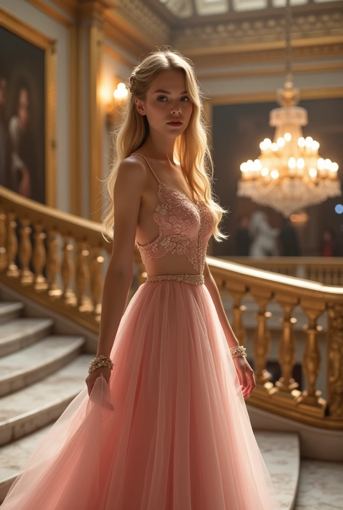 A beautiful young girl of twenty years with fair complexion and blond straight hair. She is wearing a light pink ball gown with hazel eyes. She is standing on a stairs on a ball room. 