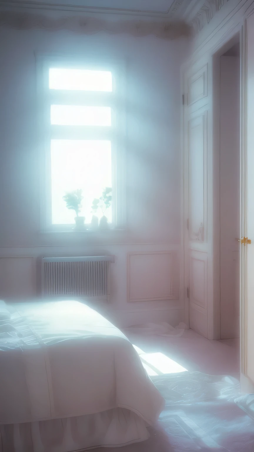a white dreamy house, bedroom, retro, foggy, soft focus, year of 1995, cool lighting, muted pastel colors, glowing atmosphere, dramatic, cinematic composition, dream-like quality, ethereal, romantic, soft focus photography, golden hour, windy, marble, golden and mirrors, hazy, thick fogs