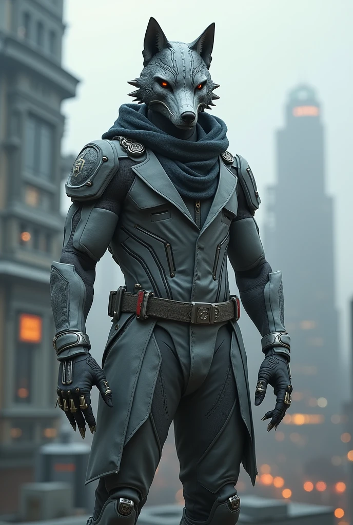 A hero wearing a futuristic wolf type helmet and gray suit with woolen color no cap and sharp metal nails standing on building roof