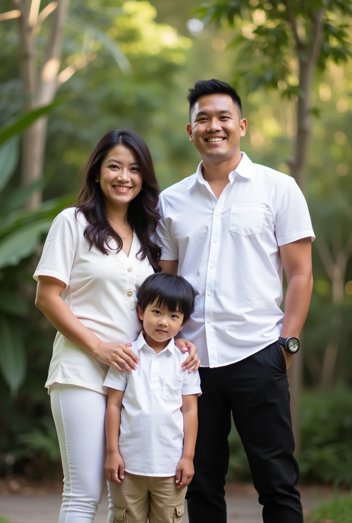 Family, filipino, wearing white shirt, black pants, white shoes, whole body realistic, not really hd, natural lightings, not edited