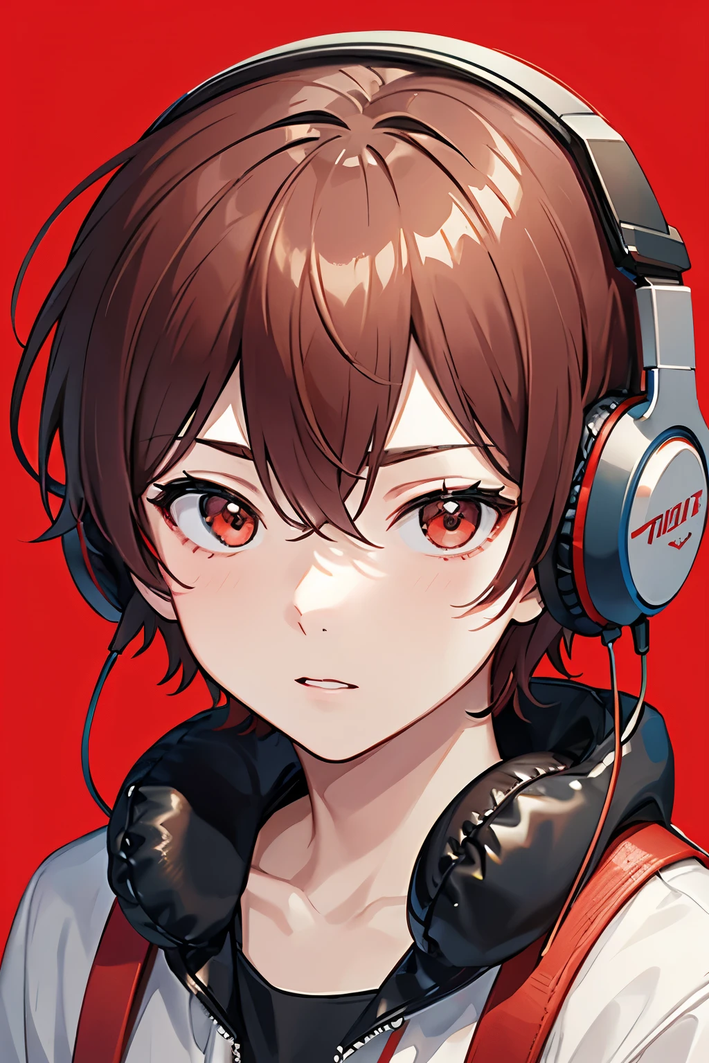 Create a picture of a boy with an Asian face. Wear red headphones to listen to music. Turn to the side to see the red headphones clearly.