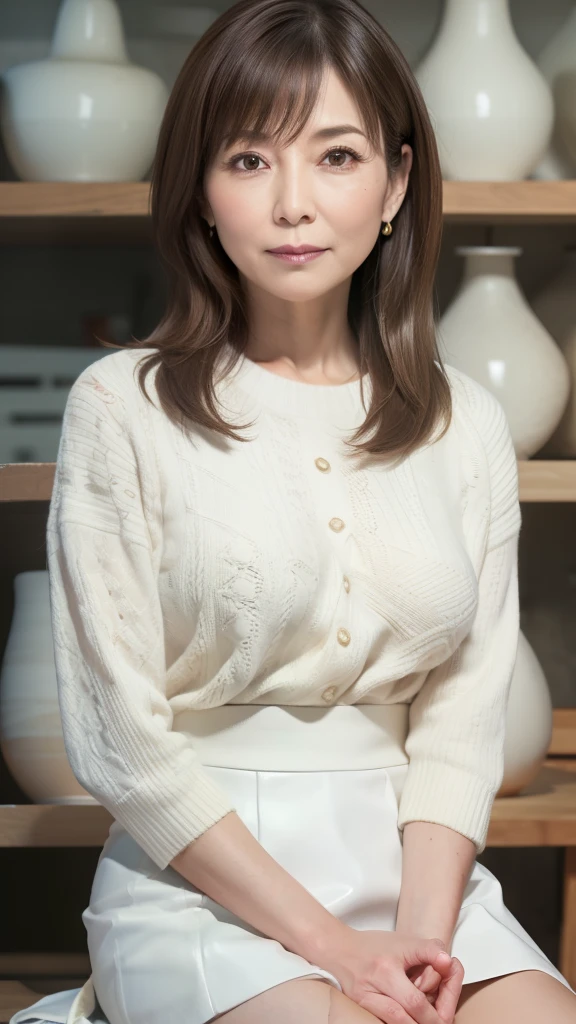 High resolution, High resolution, Attention to detail, masterpiece, Textured skin, Anatomically correct, sharp, ((Japanese Mature, 75 years old)), alone, (Facial wrinkles), Shapely breasts, Brown long hair, bangs,(((Stand upright, facing the center.))),Look at the photographer, Open your mouth and stare straight ahead, White sweater, (Tight Skirt:1.3),(Sitting),(Thighs:1.1),Inside the warehouse,(Serious expression)