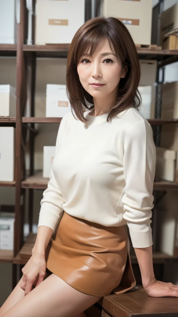 High resolution, High resolution, Attention to detail, masterpiece, Textured skin, Anatomically correct, sharp, ((Japanese Mature, 75 years old)), alone, (Facial wrinkles), Shapely breasts, Brown long hair, bangs,(((Stand upright, facing the center.))),Look at the photographer, Open your mouth and stare straight ahead, White sweater, (Tight Skirt:1.3),(Sitting),(Thighs:1.1),Inside the warehouse,(Serious expression)