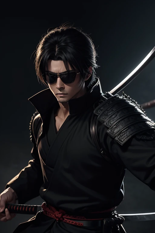 anime style,black hut,sunglass,male,sharp eyes,old,cool cool cool,samurai,holding katana,masterpiece,best quality,super detailed,super fine illustration,perfect hands,perfect fingers,perfect katana,