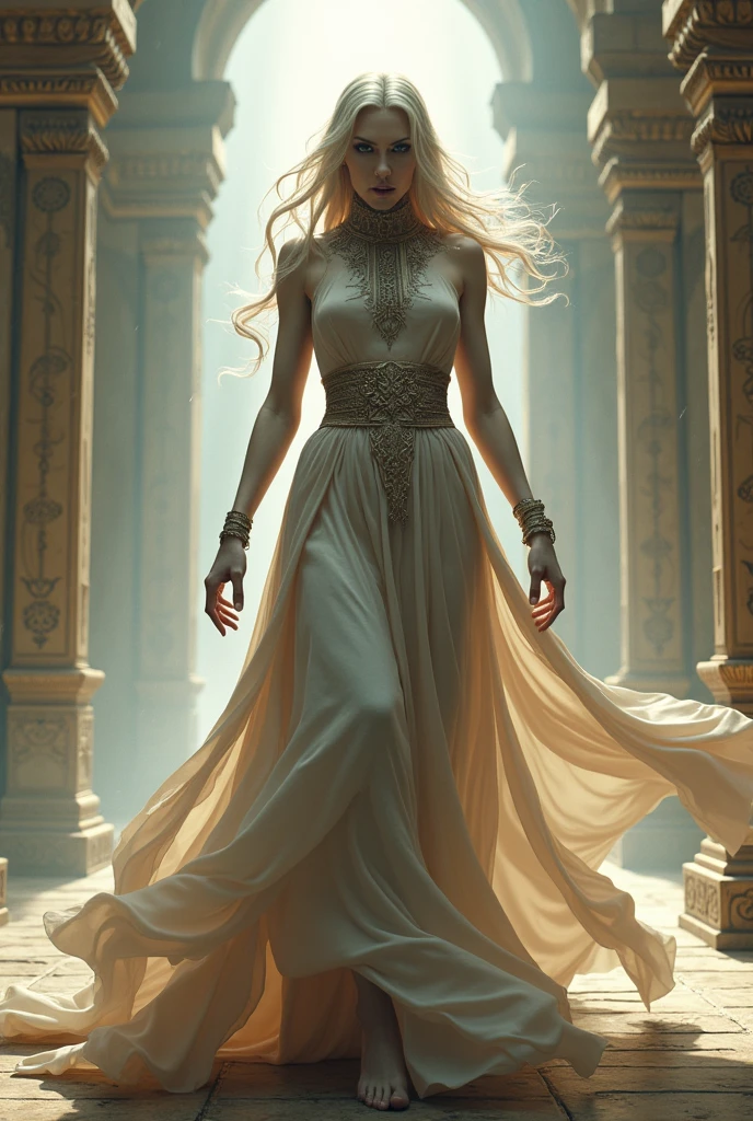Woman, angry, white skin, ancient dress, background is ancient temple heaven.