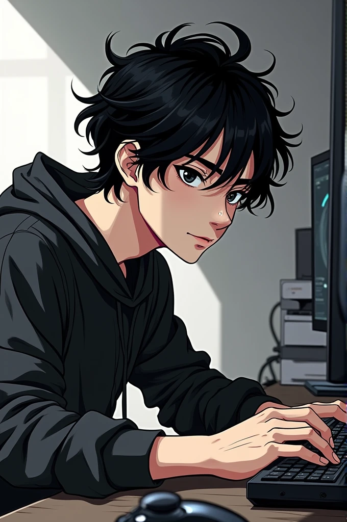 handsome nineteen year old boy with very thick black hair in manga style (black and white style) he plays on the computer games in his room