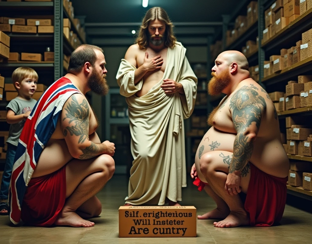Jesus blessing union jacks and sausage rolls in a bakery. Two tattooed, sweaty, obese bald men with a greasy appearance are knelt before Jesus facing him with their heads bowed with one wearing the union jack over his shoulders. A slogan at the base of the picture with a St. George Flag theme states 'The Self-Righteous will inherit are cuntry'.  In the backround a child holding a housebrick looks towards the three with an astonished face. 35mm photograph. Hyper realistic image