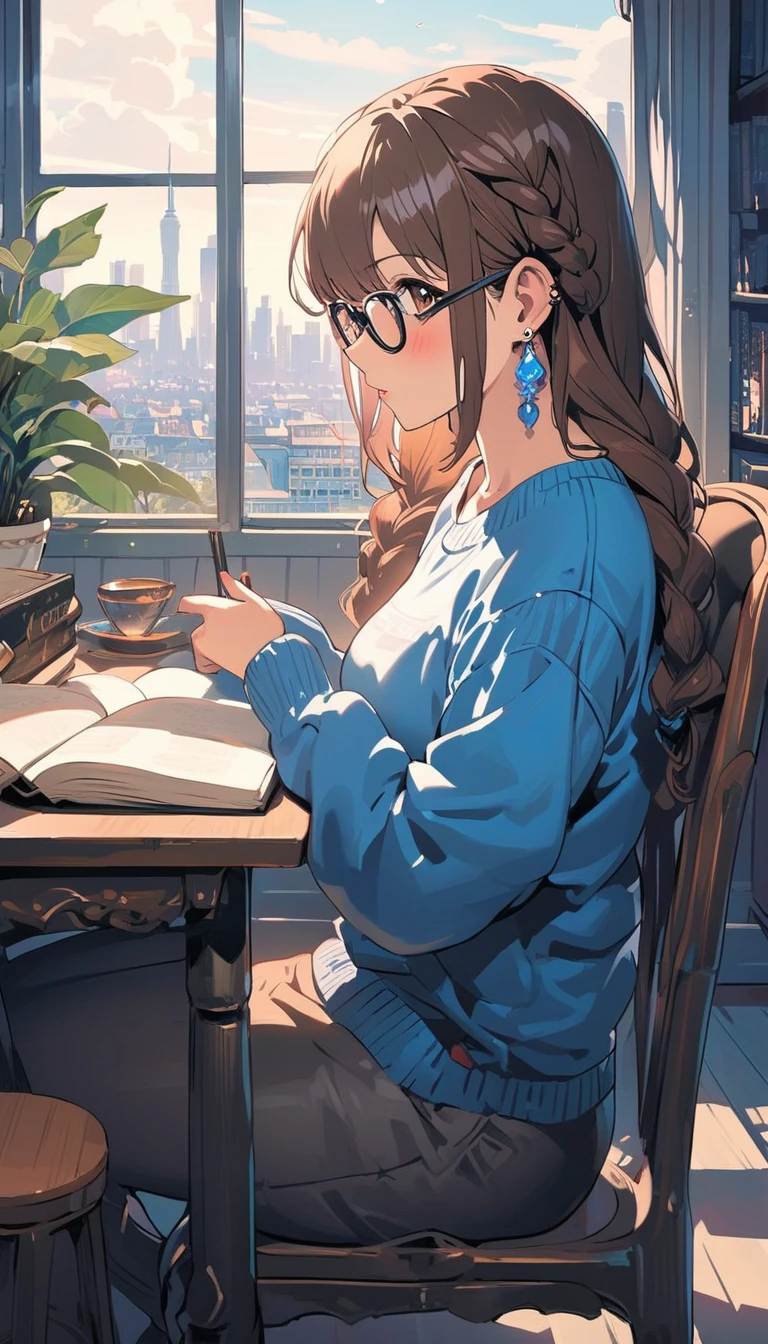 (extremely detailed CG unity 8k wallpaper), (best quality), (best illustration), (best shadow), realistic lighting, beautiful detailed reglow, masterpiece, best quality, lofi artstyle, lofi art, city, town, 80s anime style, Retro, Lo-Fi, 1girl, bangs, black-framed eyewear, blue sweater, blurry, blush, book, bookshelf, braid, brown eyes, brown hair, chair, cup, day, earrings, from side, glasses, grey sweater, hair over shoulder, holding, holding book, indoors, jewelry, long hair, long sleeves, open book, piercing, plant, reading, single braid, sitting, solo, sunlight, sweater, table, window