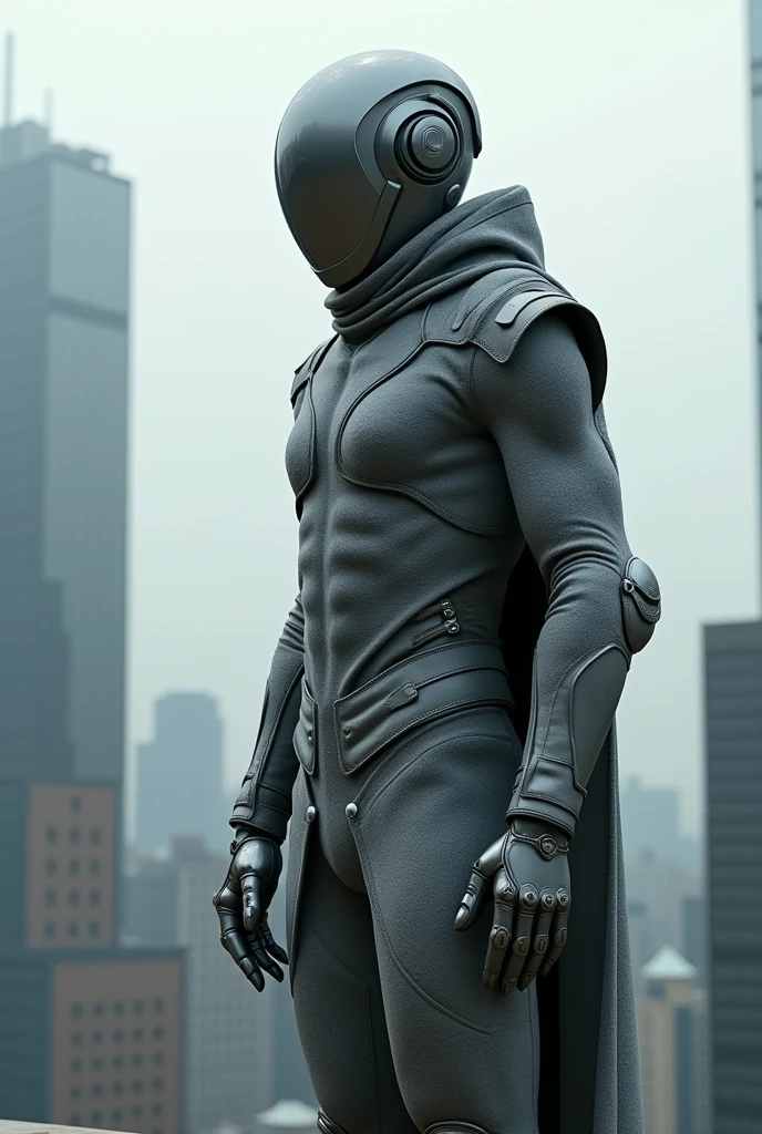 A hero wearing a futuristic helmet and gray suit with woolen color no cap and sharp metal nails standing on building roof