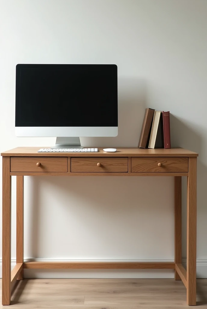 Perspective of a rectangular wooden desk. With 1 drawer divided into three lengthwise and on top of it a computer and 3 books, with legs free of drawers
