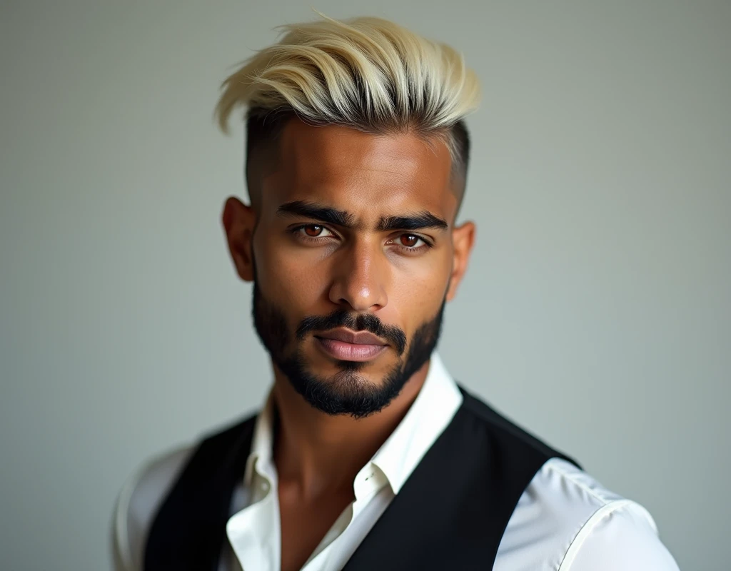 headshot of a very tall Arab-Egyptian featured male model, short platinum blond wavy swept back hair, long black stubble, lithe body, brown skin, vibrant red eyes, tall toned body. Professional expression. Wearing white and black clothes.