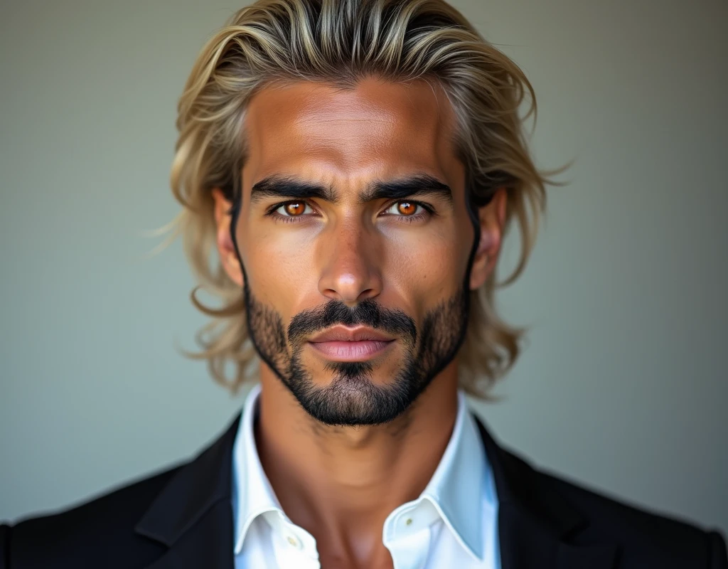 headshot of a very tall Arab-Egyptian featured male model, short platinum blond wavy swept back hair, long black stubble, lithe body, brown skin, vibrant red eyes, tall toned body. Professional expression. Wearing white and black clothes.