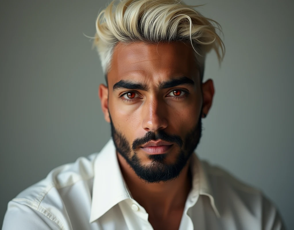 headshot of a very tall Arab-Egyptian featured male model, short platinum blond wavy swept back hair, long black stubble, lithe body, brown skin, vibrant red eyes, tall toned body. Professional expression. Wearing white and black clothes.