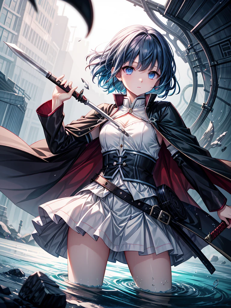 A highly detailed illustration of Sayaka Miki from "Puella Magi Madoka Magica" in the midst of a battle, performing the "Seisei Ruten" technique from "Demon Slayer: Kimetsu no Yaiba." She is in her magical girl form, wearing her blue and white outfit with a flowing cape. Her short blue hair is tousled, and her expression is intense with determination. She wields a sword with both hands, unleashing a series of continuous, fluid slashes that resemble the flowing water, just like in the Seisei Ruten technique. The scene captures the motion of her attack, with swirling water and energy spiraling around her blade, creating a visual effect of a powerful torrent. The background is dark and chaotic, with swirling shadows and a hint of a witch's labyrinth, intensifying the dramatic atmosphere. The art style should be anime-like, emphasizing the action, the fluidity of the technique, and the emotion of the moment.