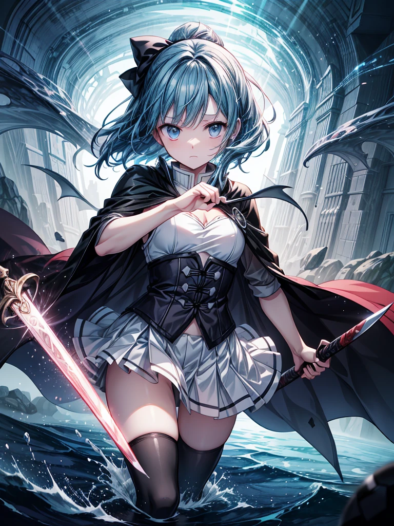 A highly detailed illustration of Sayaka Miki from "Puella Magi Madoka Magica" in the midst of a battle, performing the "Seisei Ruten" technique from "Demon Slayer: Kimetsu no Yaiba." She is in her magical girl form, wearing her blue and white outfit with a flowing cape. Her short blue hair is tousled, and her expression is intense with determination. She wields a sword with both hands, unleashing a series of continuous, fluid slashes that resemble the flowing water, just like in the Seisei Ruten technique. The scene captures the motion of her attack, with swirling water and energy spiraling around her blade, creating a visual effect of a powerful torrent. The background is dark and chaotic, with swirling shadows and a hint of a witch's labyrinth, intensifying the dramatic atmosphere. The art style should be anime-like, emphasizing the action, the fluidity of the technique, and the emotion of the moment.