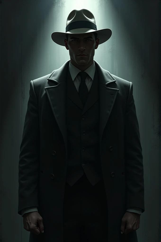 Create a figure of a 40-year-old man in a suit and hat in 1940s clothing with a very dark setting and an atmosphere of suspense and terror.