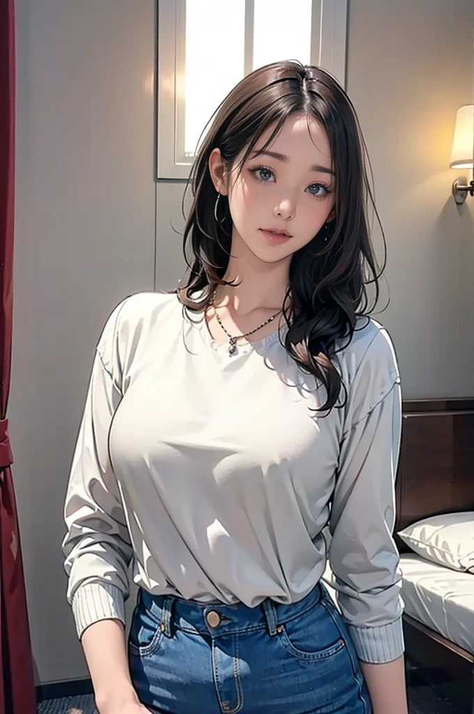 (masterpiece:1.2, Highest quality), (Realistic, photoRealistic:1.4), (Natural Side Lighting, Cinema Lighting), Written boundary depth, Beautiful thighs staring at the viewer, (Face Focus, Upper Body), 1 female, 20-year-old, alone, (Hotel room with background) , Slender body, Long Hair, Curly Hair, amount, sweater, jeans, Earrings, necklace, Are standing,