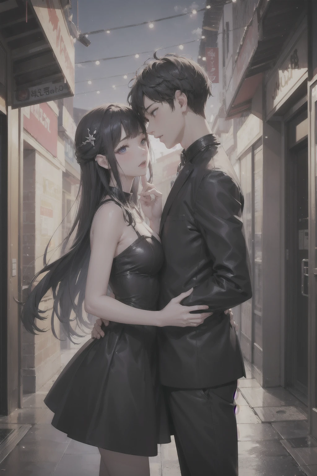 Vector, 8k, high resolution, high quality, romantic couple, lovers,  young couple , just like in manhwa, modern city