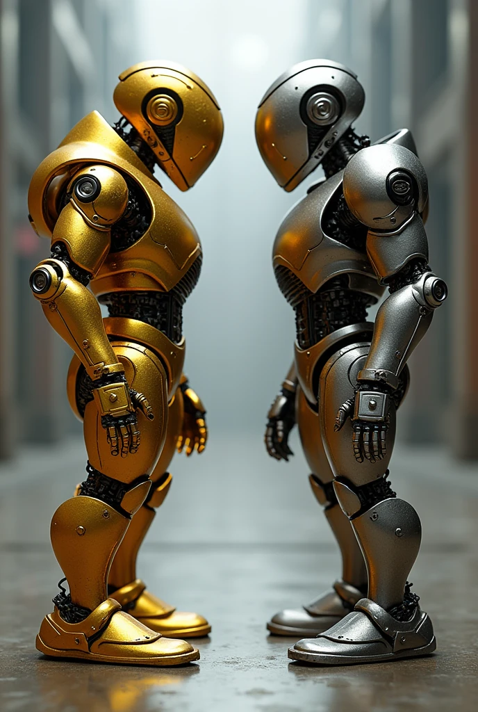 A robot which was made by gold and a robot which was made by metal stand up in from of them