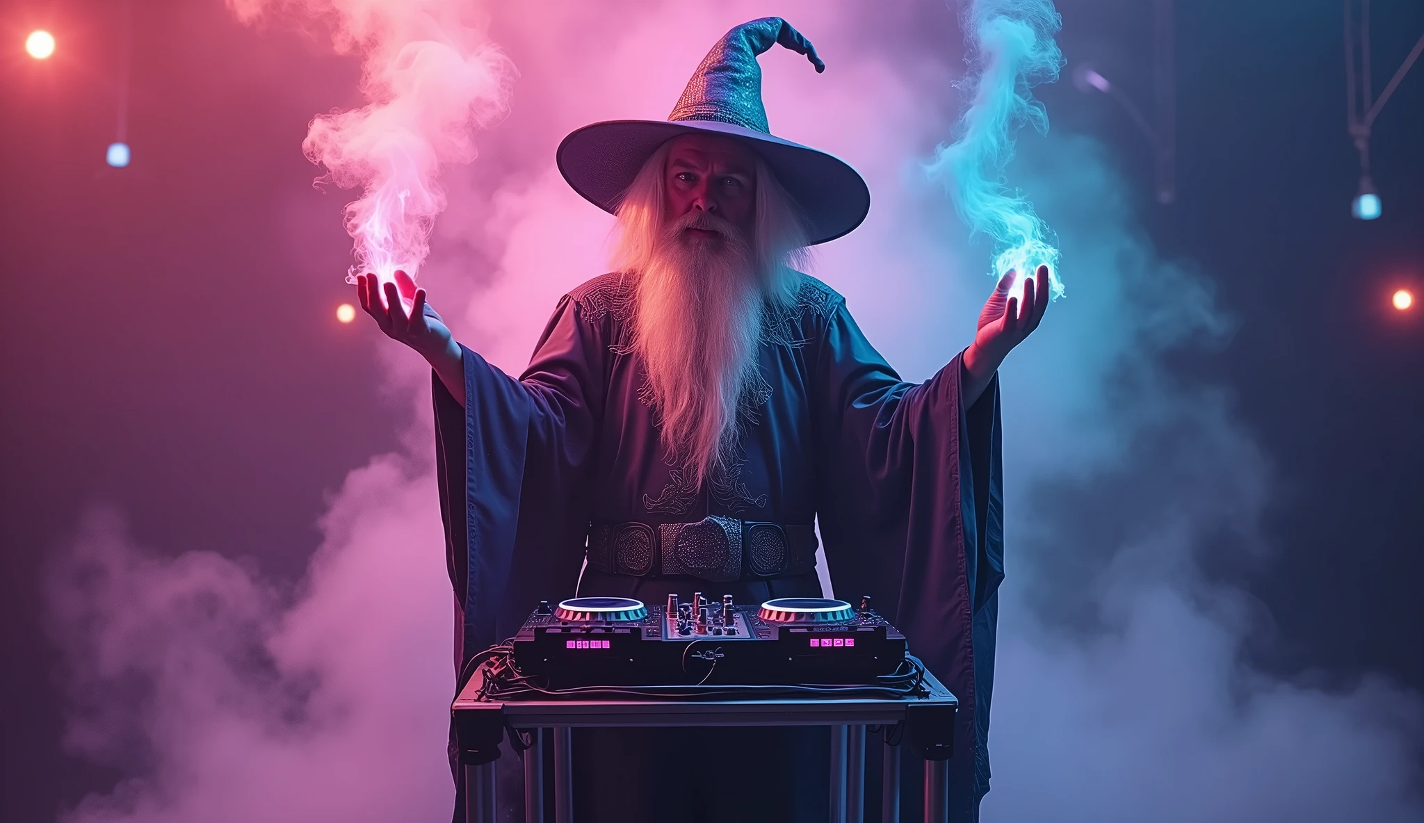 a DJ wizard controlling a mixing board, edm, in the background colored smoke, 2k image, scenographic