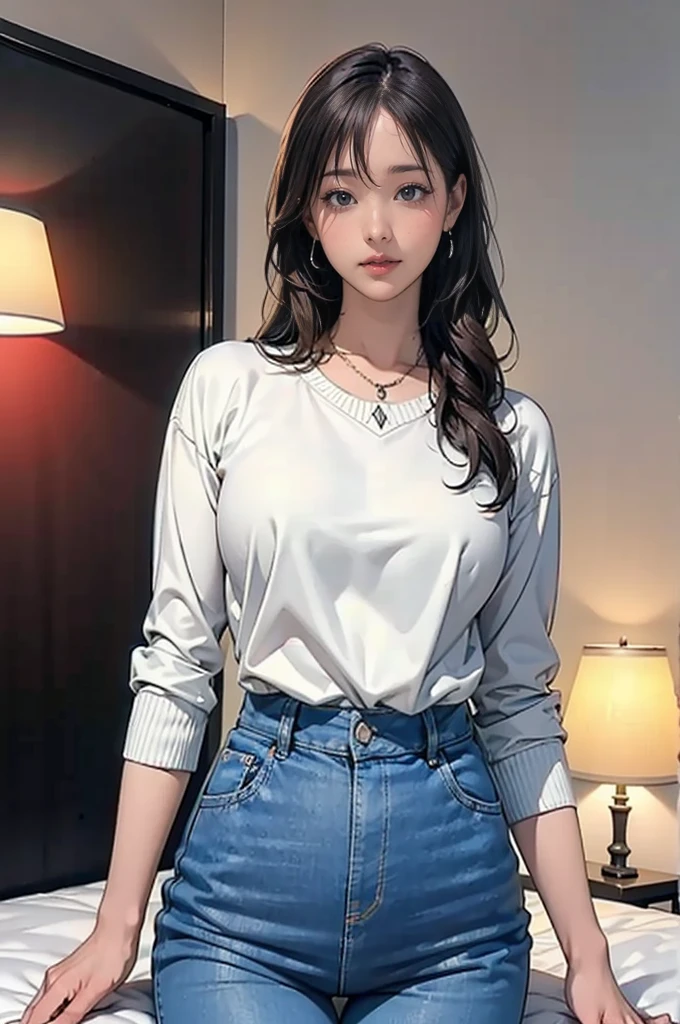 (masterpiece:1.2, Highest quality), (Realistic, photoRealistic:1.4), (Natural Side Lighting, Cinema Lighting), Written boundary depth, Beautiful thighs staring at the viewer, (Face Focus, Upper Body), 1 female, 20-year-old, alone, (Hotel room with background) , Slender body, Long Hair, Curly Hair, amount, sweater, jeans, Earrings, necklace, Are standing,